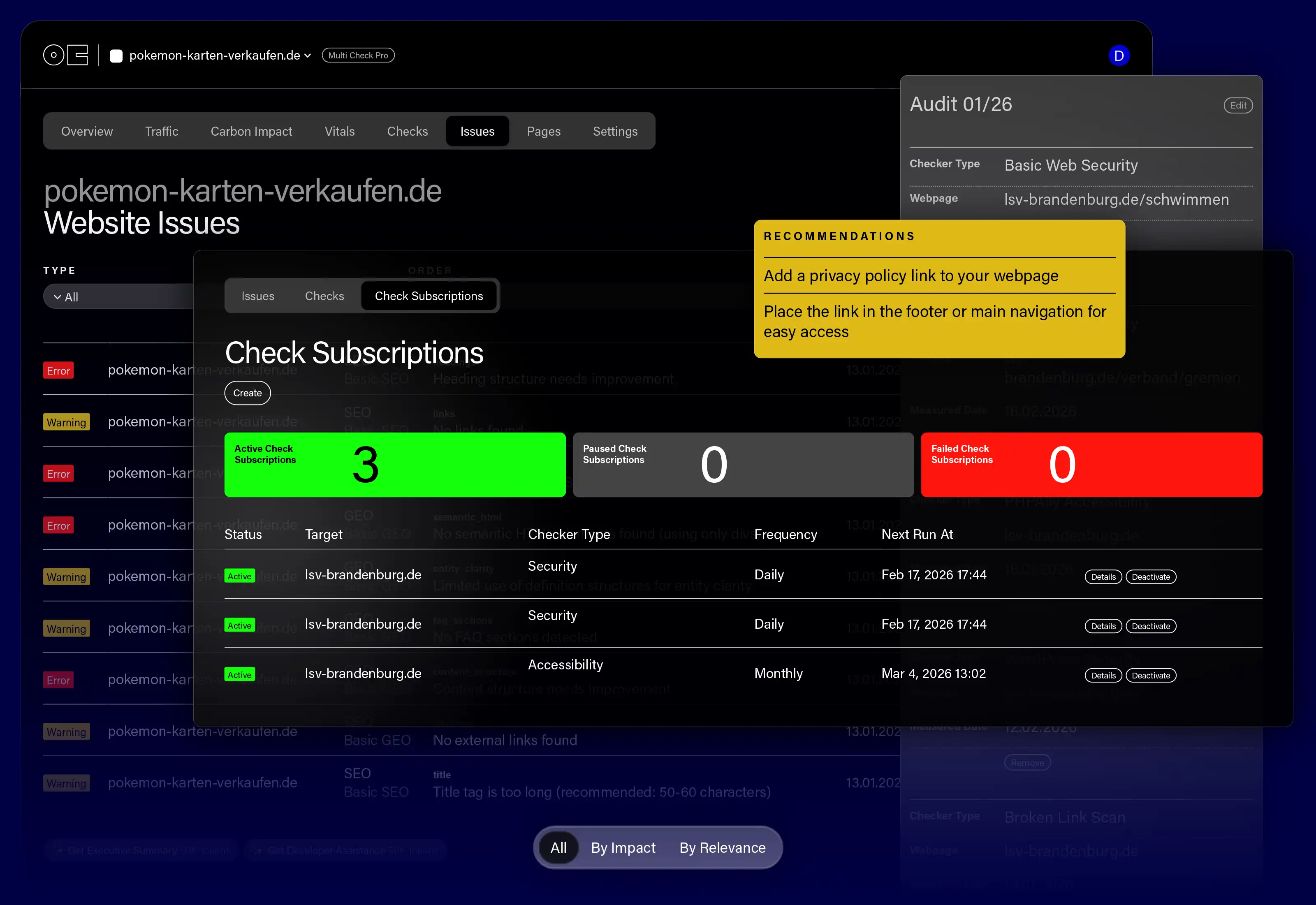 +Analytics Pro issues view with audit recommendations and check subscriptions.